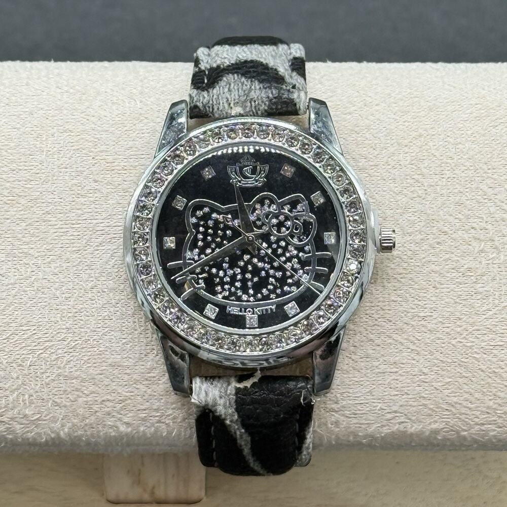 Sanrio Hello Kitty Watch Black Rhinestone Bling Bezel Leather Band Womens